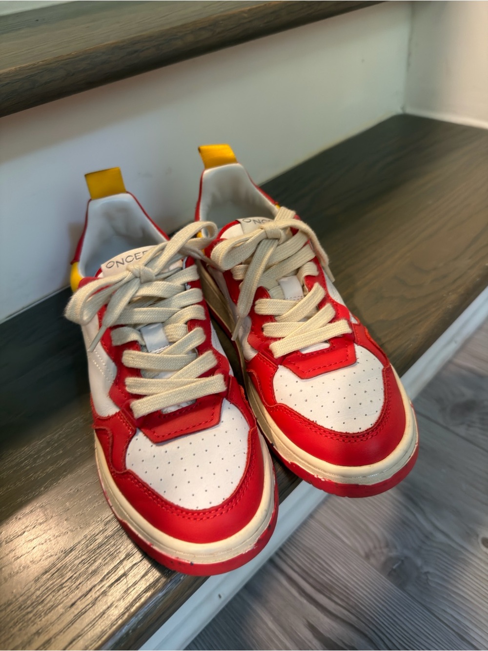 Red and White leather Low-Top Sneakers with Yellow Heel Pull
